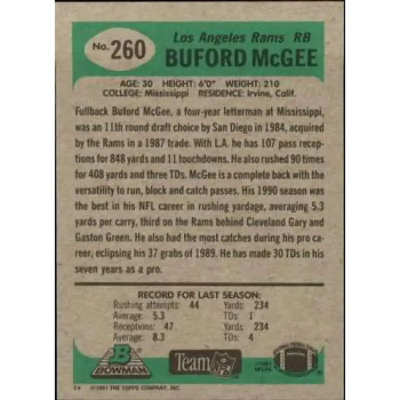1991 Bowman #260 Buford McGee NM-MT Los Angeles Rams Football Card