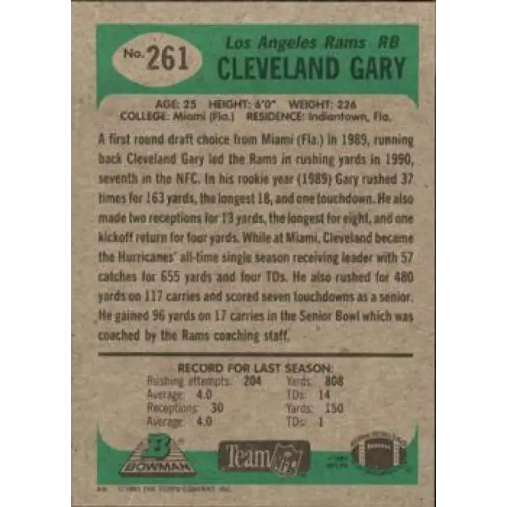 1991 Bowman #261 Cleveland Gary NM-MT Los Angeles Rams Football Card - Football Card Single