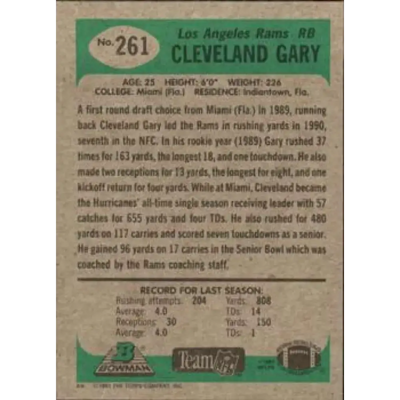 1991 Bowman #261 Cleveland Gary NM-MT Los Angeles Rams Football Card - Football Card Single