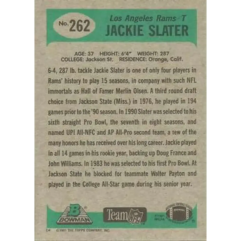 1991 Bowman #262 Jackie Slater NM-MT Los Angeles Rams Football Card - Football Card Single