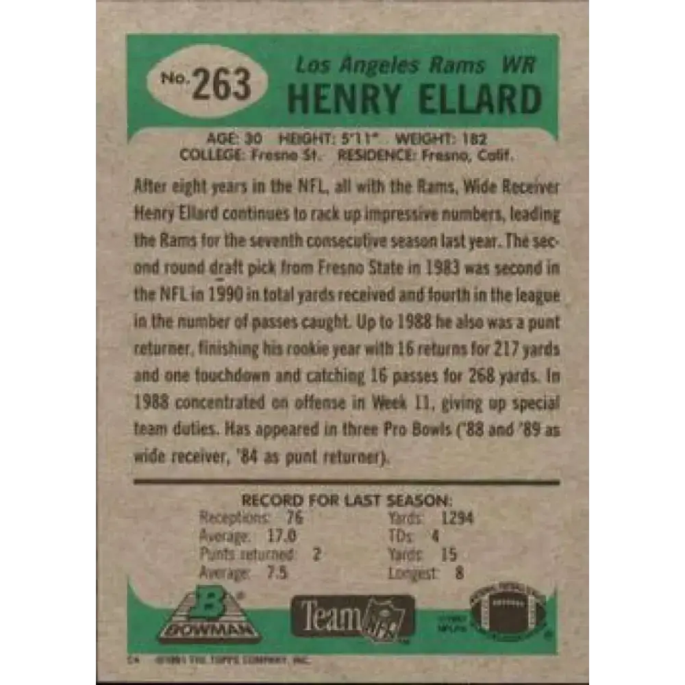 1991 Bowman #263 Henry Ellard NM-MT Los Angeles Rams Football Card - Football Card Single