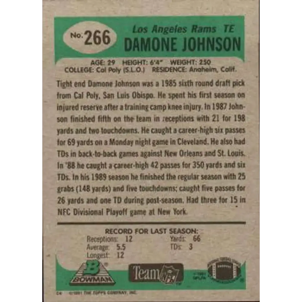 1991 Bowman #266 Damone Johnson NM-MT RC Rookie Los Angeles Rams Football Card - Football Card Single