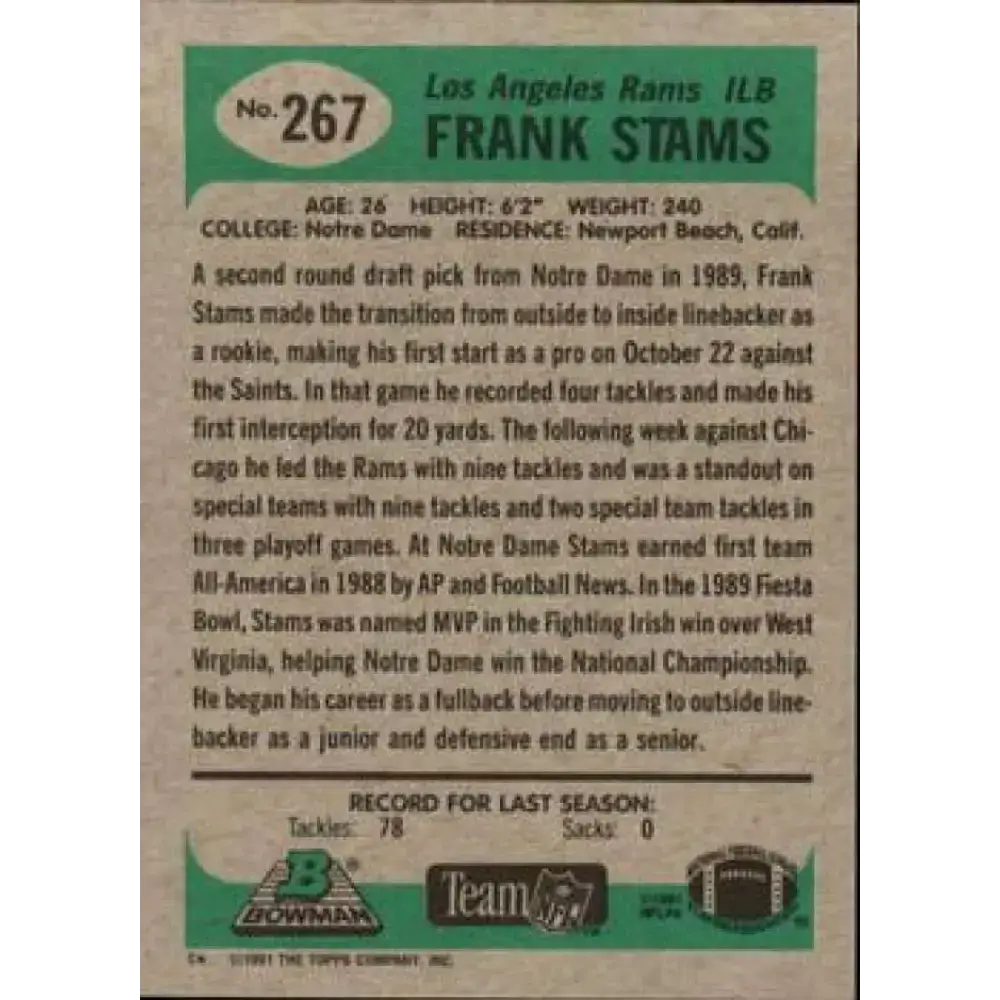 1991 Bowman #267 Frank Stams NM-MT Los Angeles Rams Football Card - Football Card Single