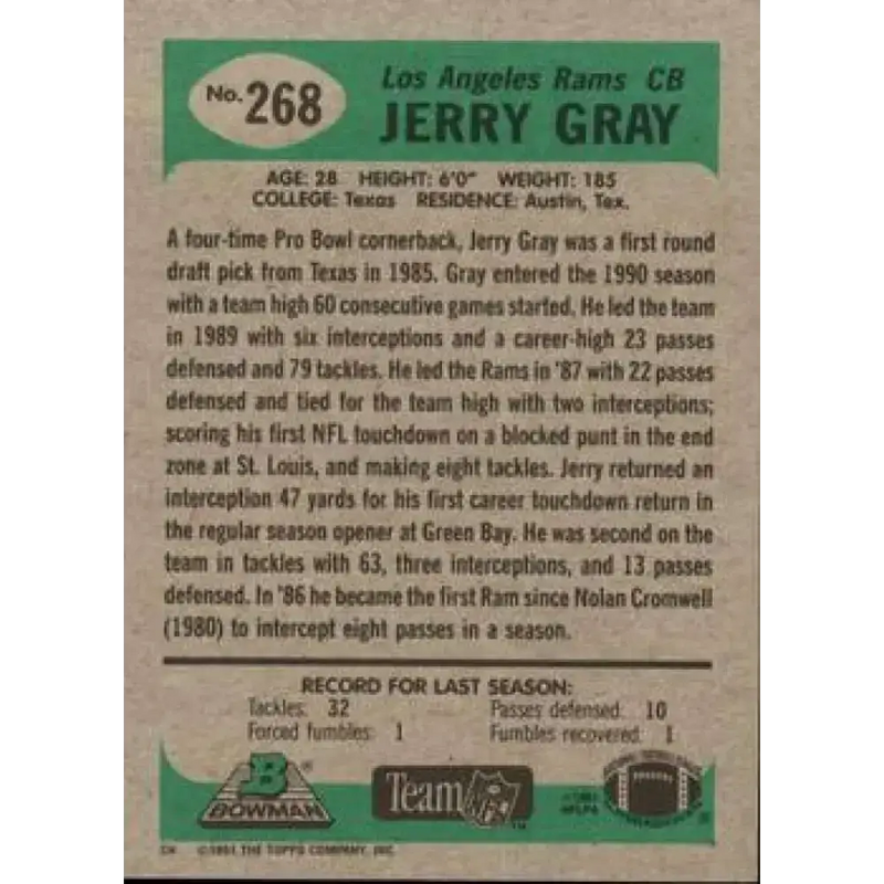 1991 Bowman #268 Jerry Gray NM-MT Los Angeles Rams Football Card - Football Card Single
