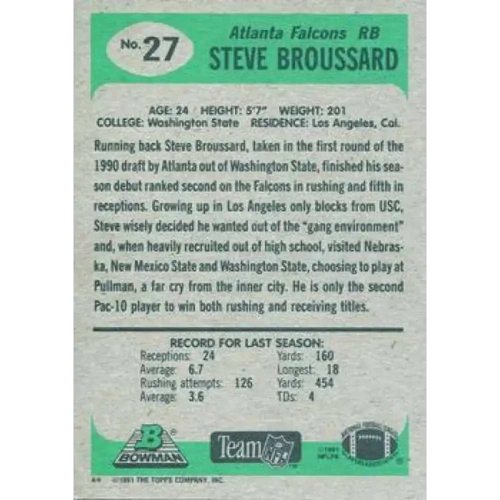 1991 Bowman #27 Steve Broussard NM-MT Atlanta Falcons Football Card - Football Card Single