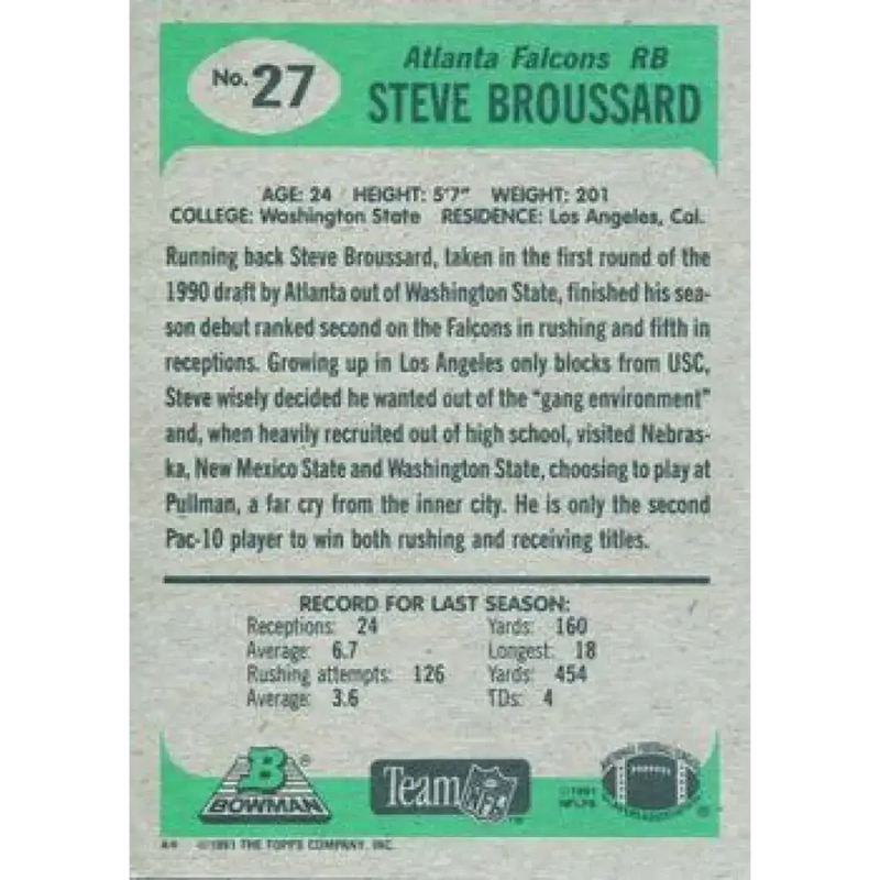 1991 Bowman #27 Steve Broussard NM-MT Atlanta Falcons Football Card - Football Card Single