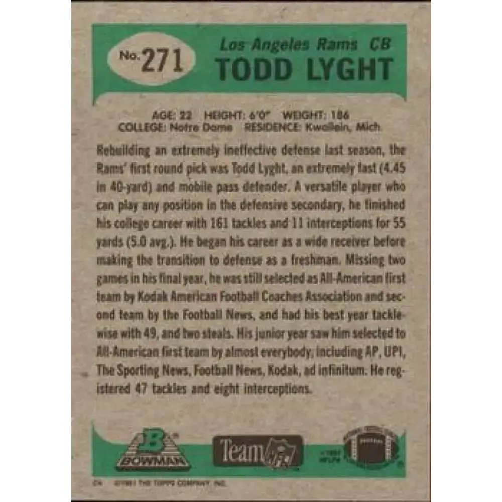 1991 Bowman #271 Todd Lyght NM-MT RC Rookie Los Angeles Rams Football Card - Football Card Single