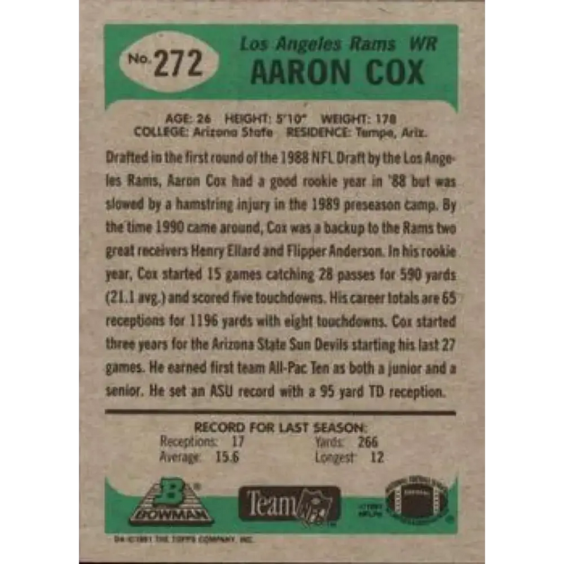 1991 Bowman #272 Aaron Cox NM-MT Los Angeles Rams Football Card - Football Card Single