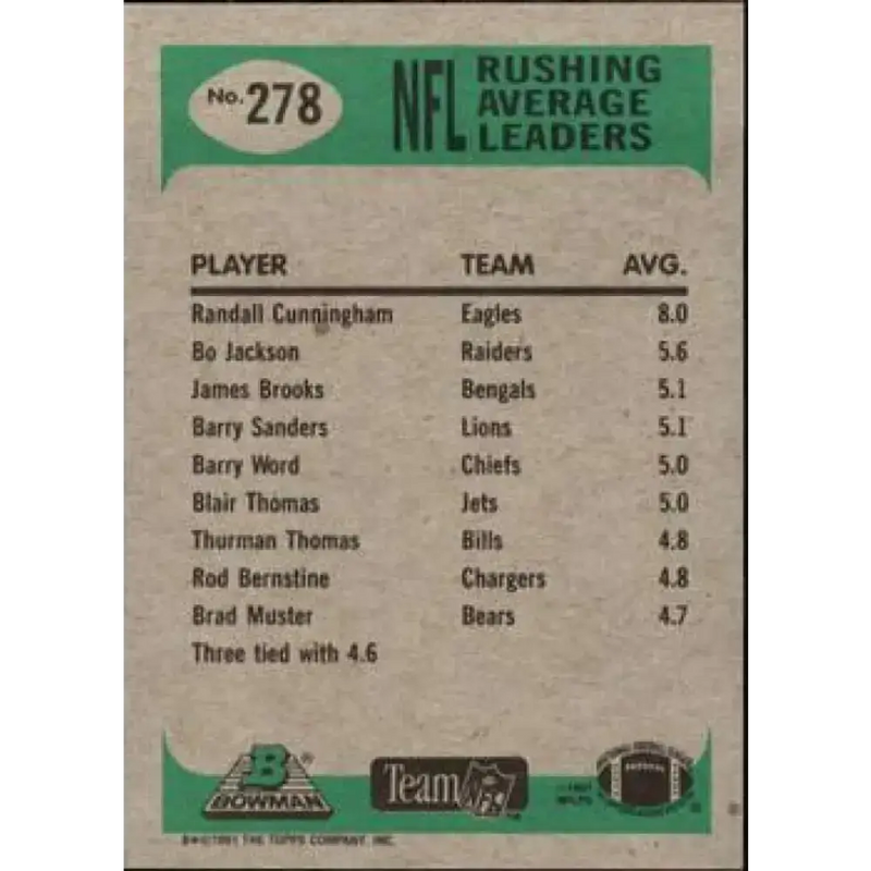1991 Bowman #278 Randall Cunningham NM-MT Philadelphia Eagles Football Card - Football Card Single