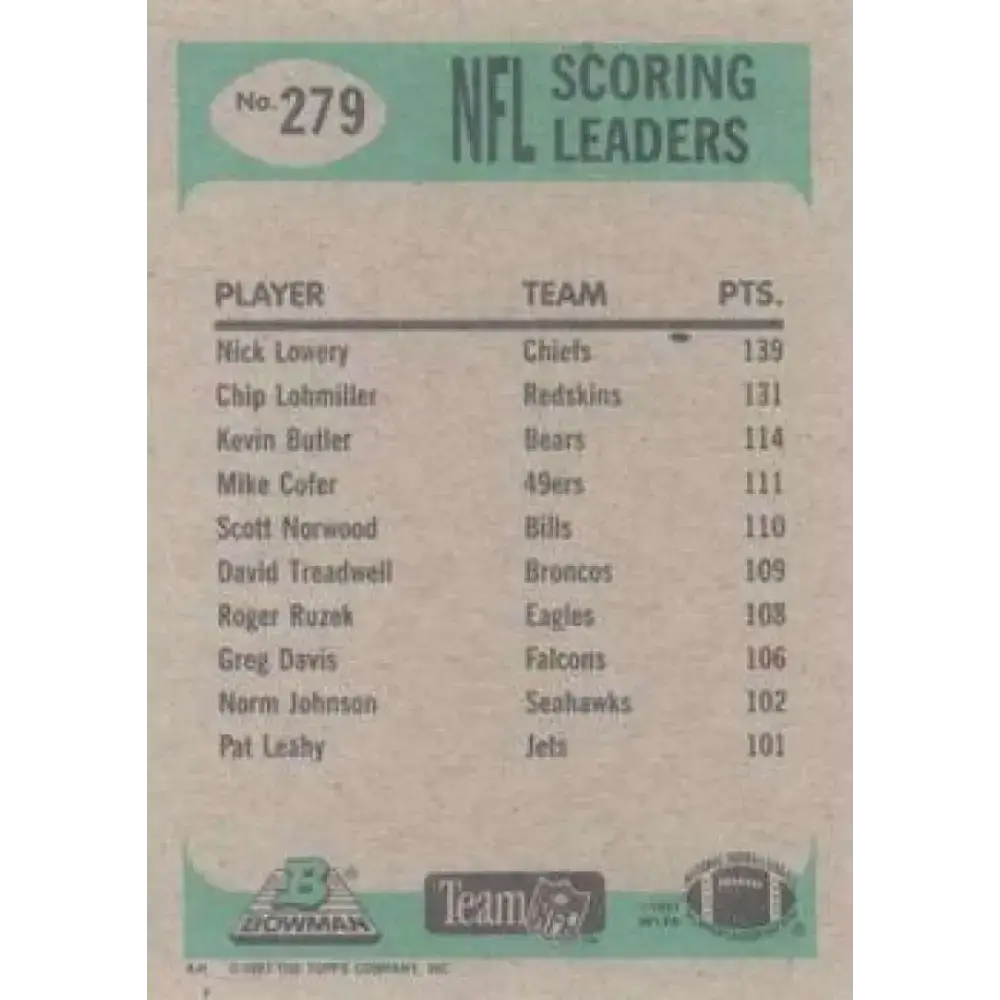 1991 Bowman #279 Nick Lowery NM-MT Kansas City Chiefs Football Card - Football Card Single