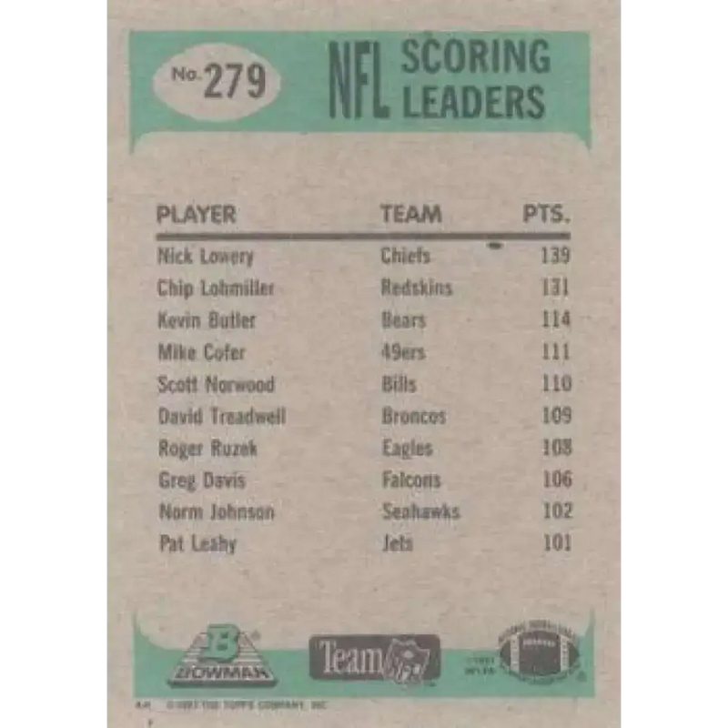 1991 Bowman #279 Nick Lowery NM-MT Kansas City Chiefs Football Card - Football Card Single