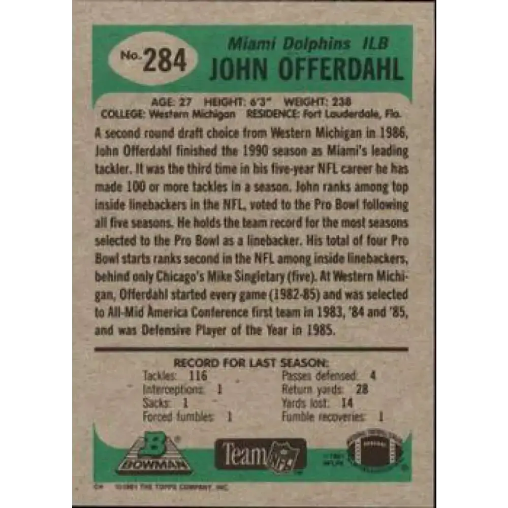 1991 Bowman #284 John Offerdahl NM-MT Miami Dolphins Football Card - Football Card Single