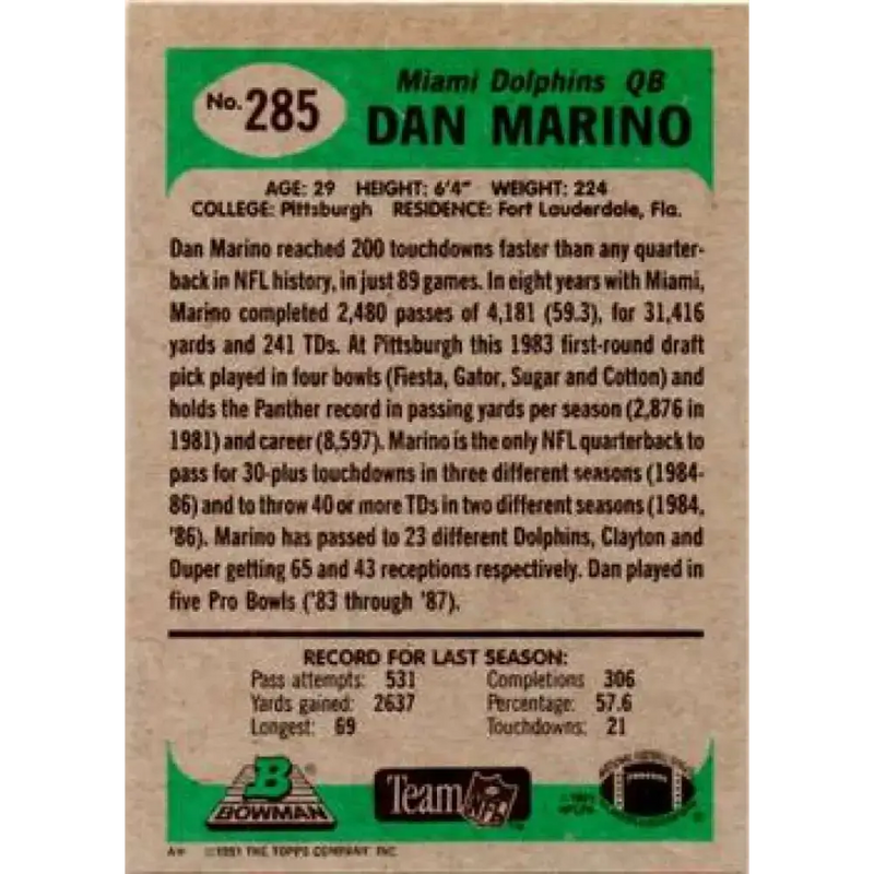 1991 Bowman #285 Dan Marino NM-MT Miami Dolphins Football Card - Football Card Single