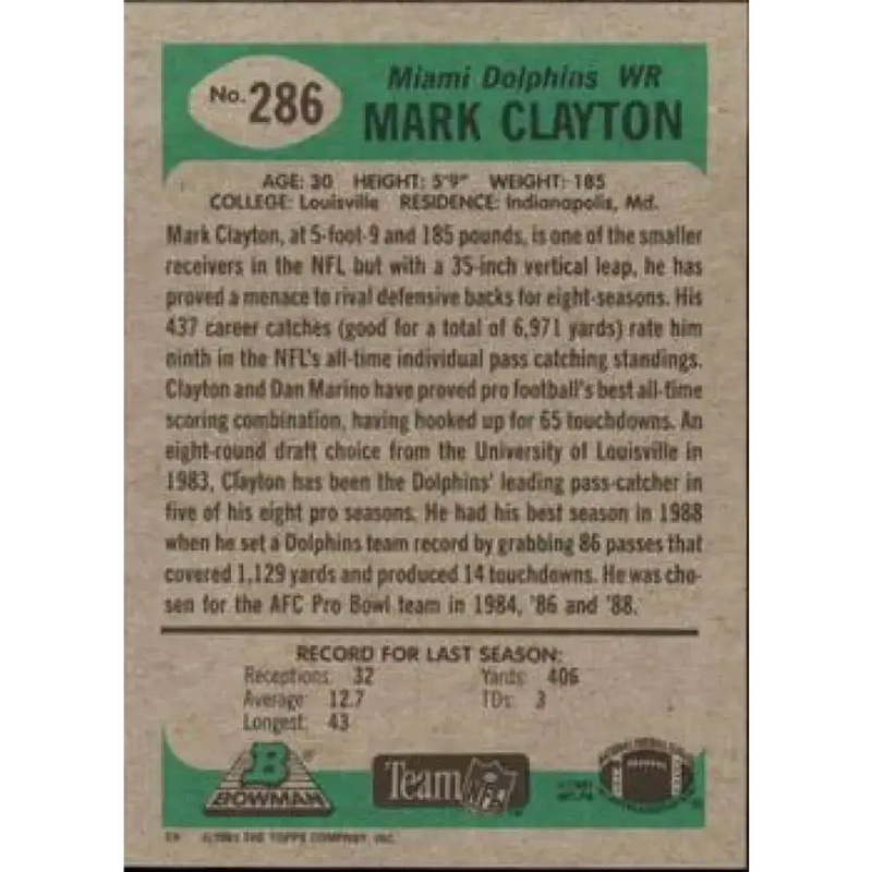1991 Bowman #286 Mark Clayton NM-MT Miami Dolphins Football Card