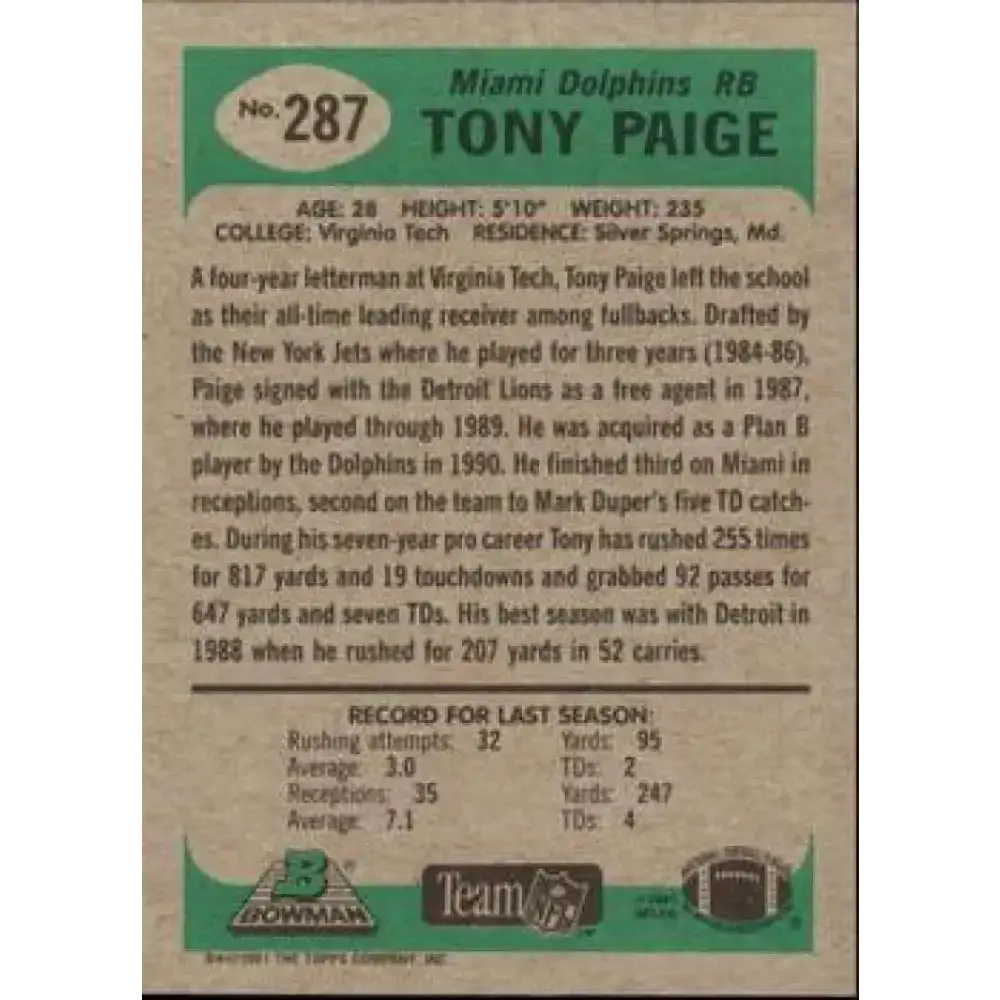 1991 Bowman #287 Tony Paige NM-MT Miami Dolphins Football Card - Football Card Single