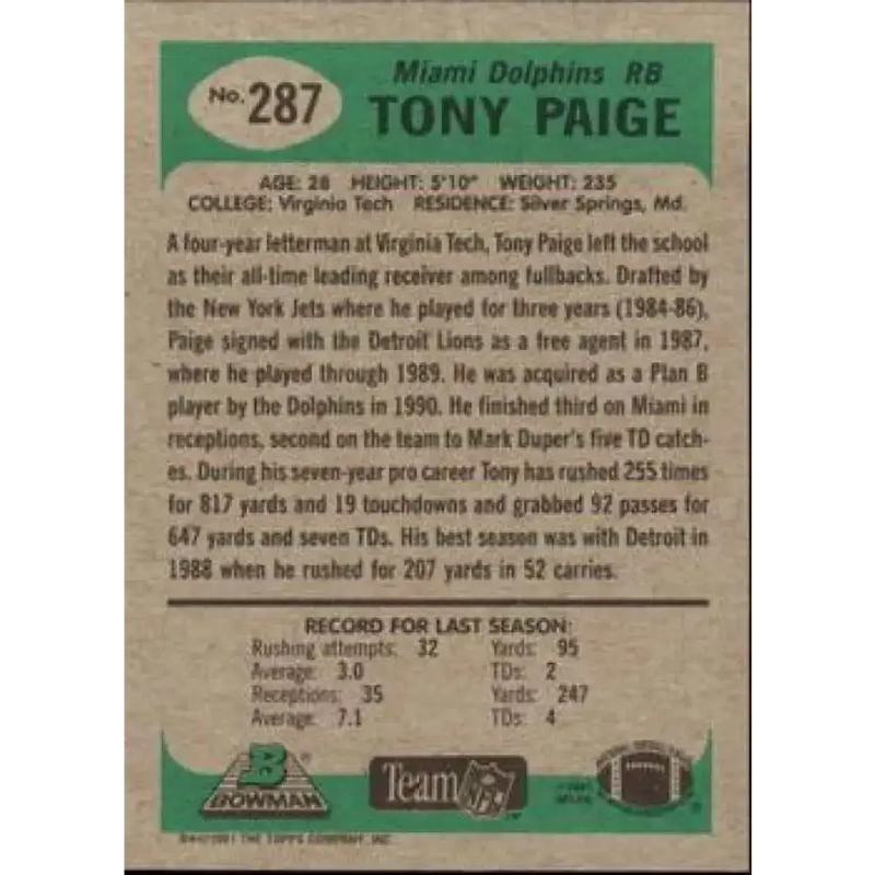 1991 Bowman #287 Tony Paige NM-MT Miami Dolphins Football Card - Football Card Single