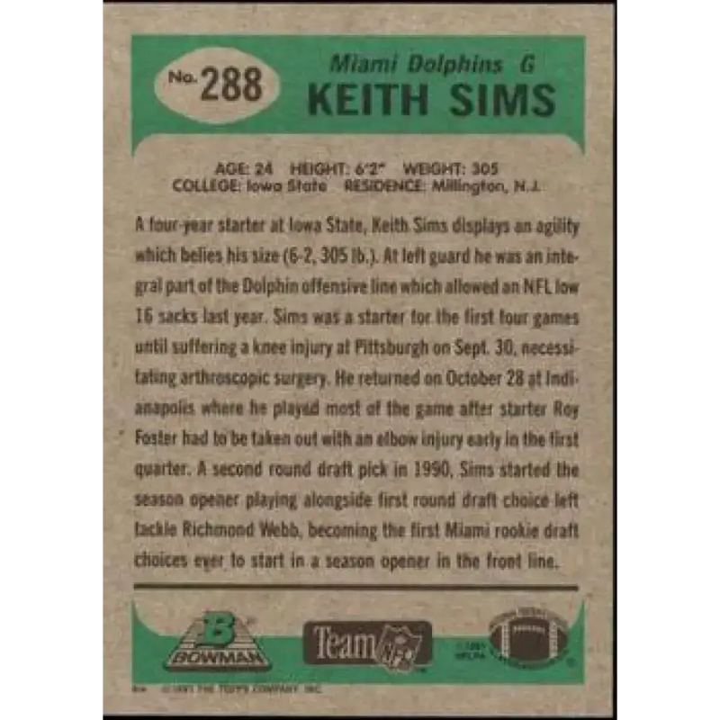 1991 Bowman #288 Keith Sims NM-MT Miami Dolphins Football Card - Football Card Single