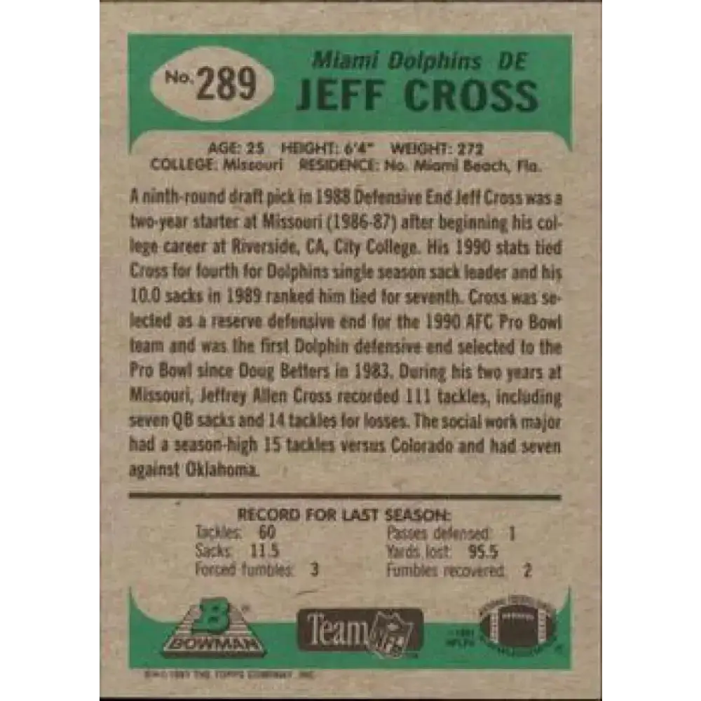 1991 Bowman #289 Jeff Cross NM-MT Miami Dolphins Football Card