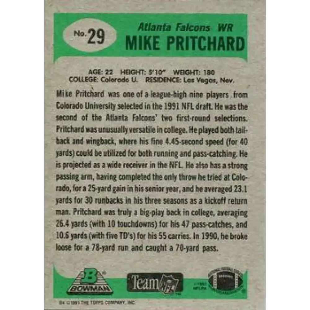 1991 Bowman #29 Mike Pritchard NM-MT RC Rookie Atlanta Falcons Football Card - Football Card Single