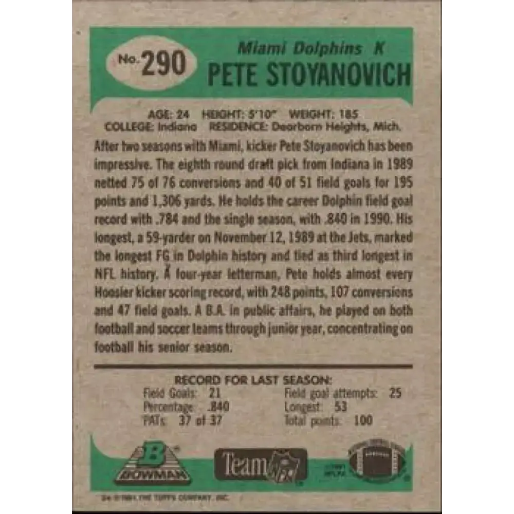 1991 Bowman #290 Pete Stoyanovich NM-MT Miami Dolphins Football Card
