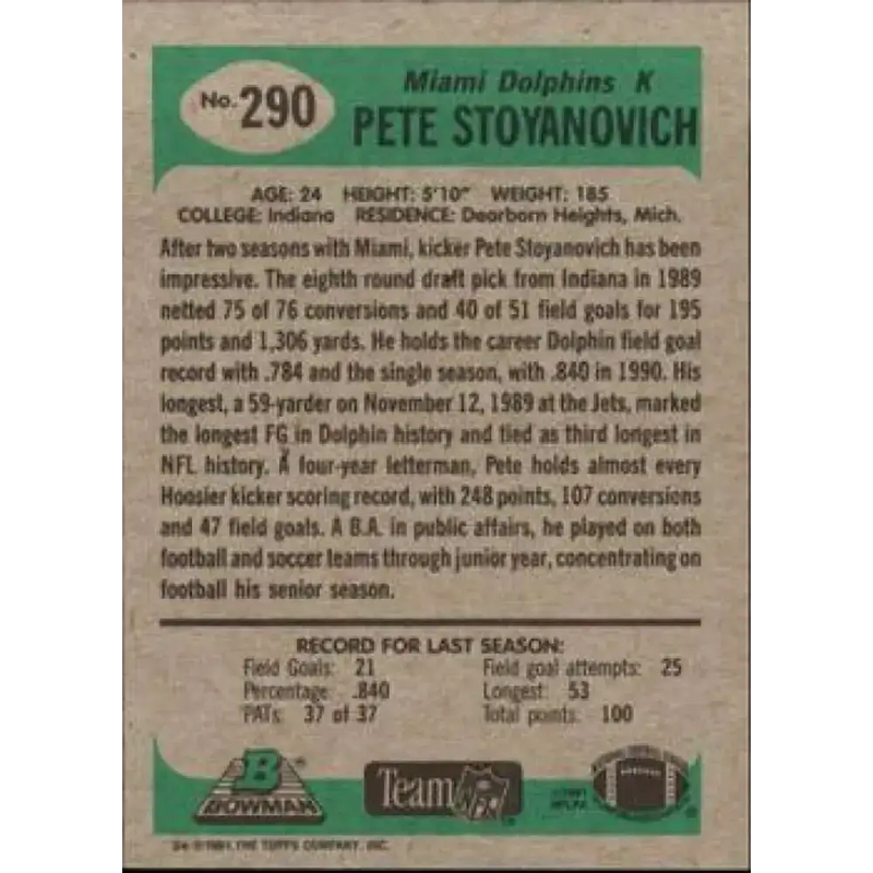 1991 Bowman #290 Pete Stoyanovich NM-MT Miami Dolphins Football Card