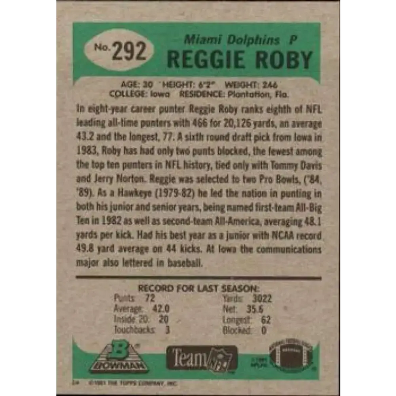 1991 Bowman #292 Reggie Roby NM-MT Miami Dolphins Football Card - Football Card Single