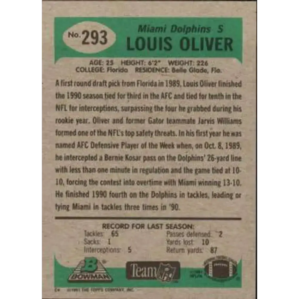 1991 Bowman #293 Louis Oliver NM-MT Miami Dolphins Football Card - Football Card Single