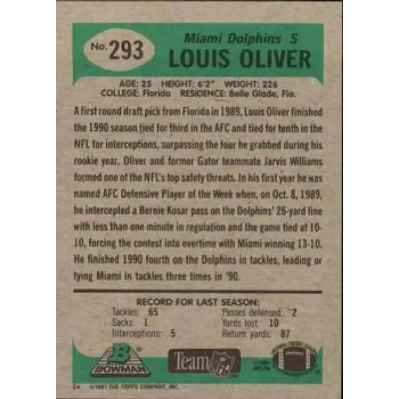 1991 Bowman #293 Louis Oliver NM-MT Miami Dolphins Football Card - Football Card Single