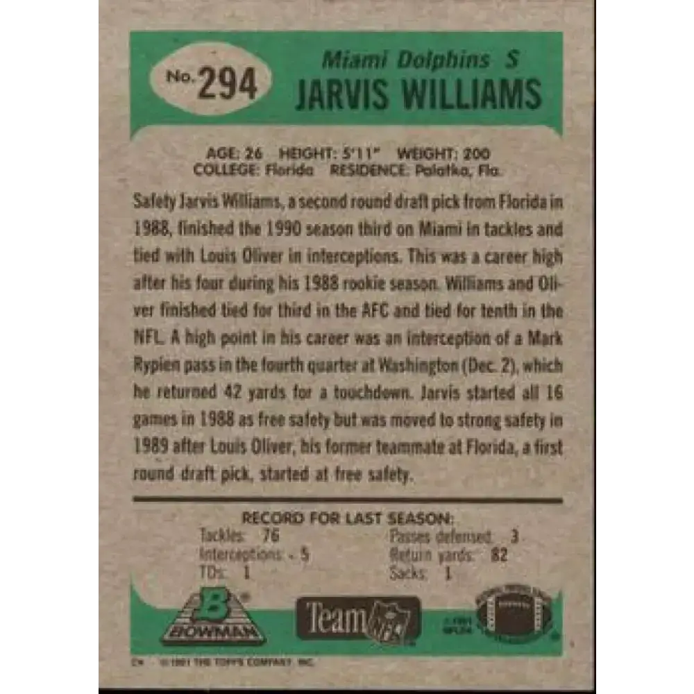 1991 Bowman #294 Jarvis Williams NM-MT Miami Dolphins Football Card - Football Card Single