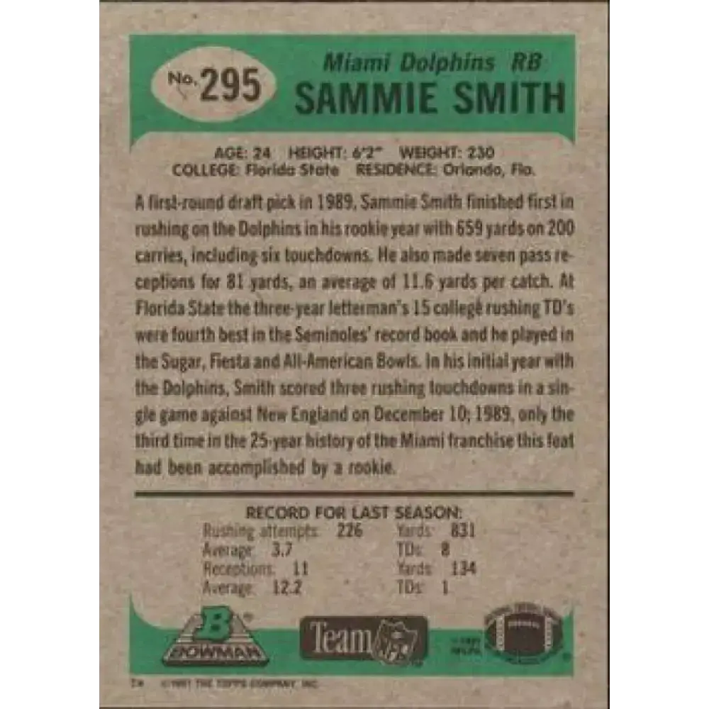 1991 Bowman #295 Sammie Smith NM-MT Miami Dolphins Football Card - Football Card Single