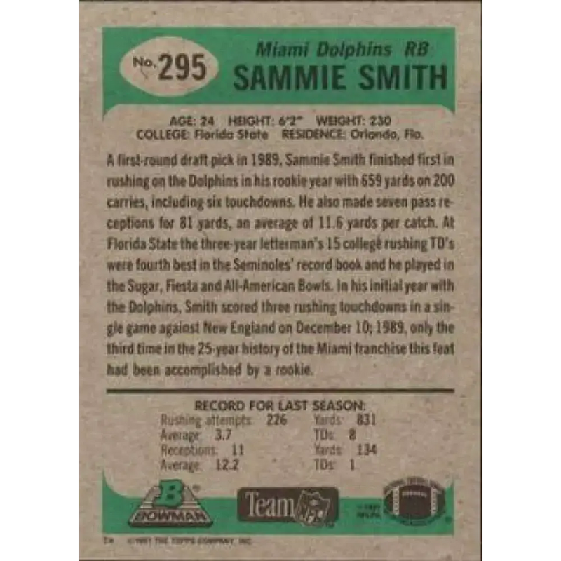 1991 Bowman #295 Sammie Smith NM-MT Miami Dolphins Football Card - Football Card Single