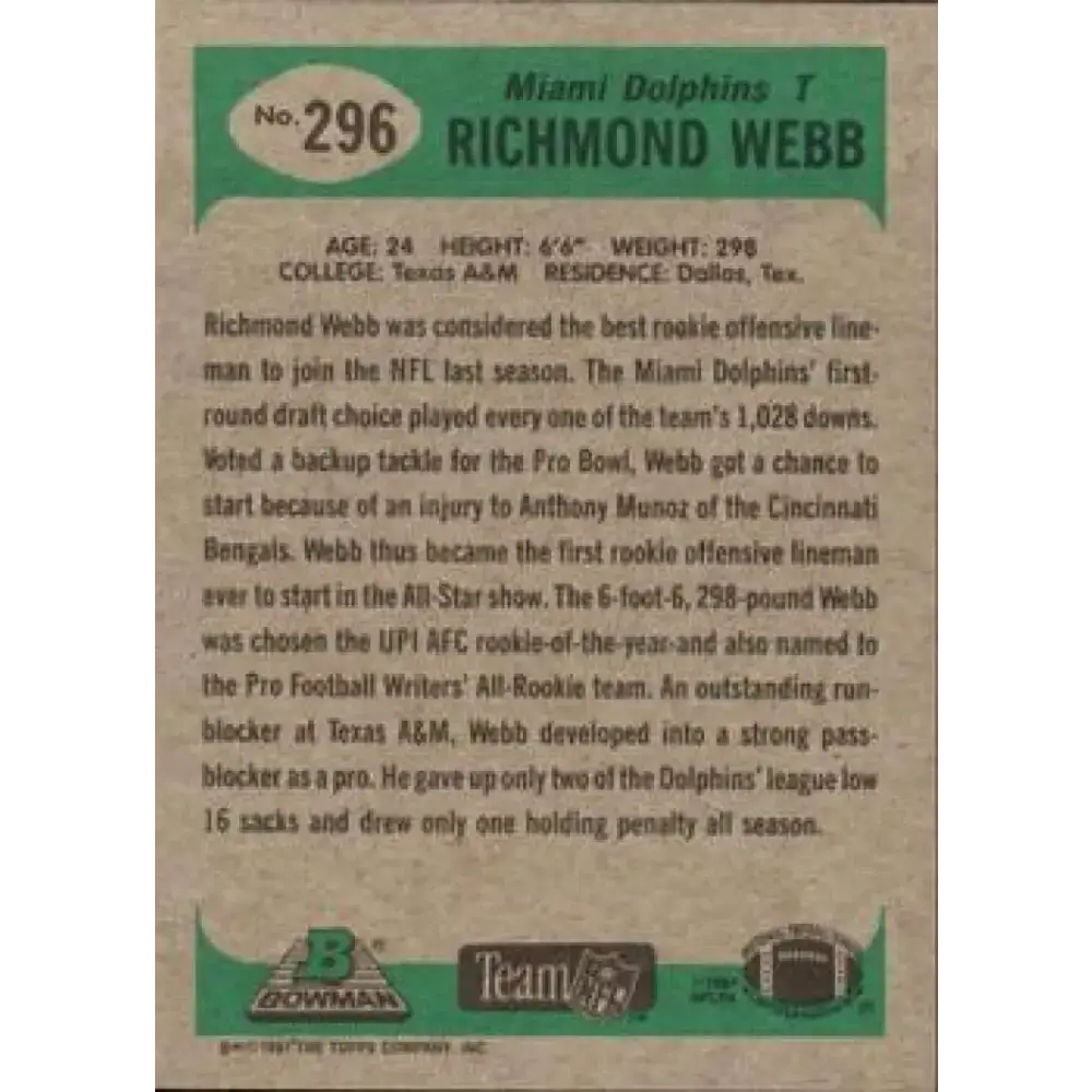 1991 Bowman #296 Richmond Webb NM-MT Miami Dolphins Football Card - Football Card Single