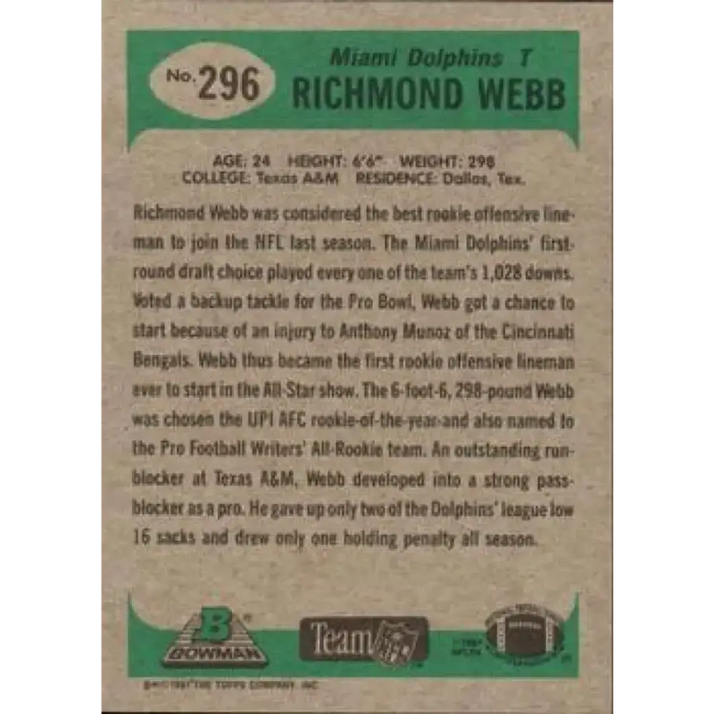 1991 Bowman #296 Richmond Webb NM-MT Miami Dolphins Football Card - Football Card Single