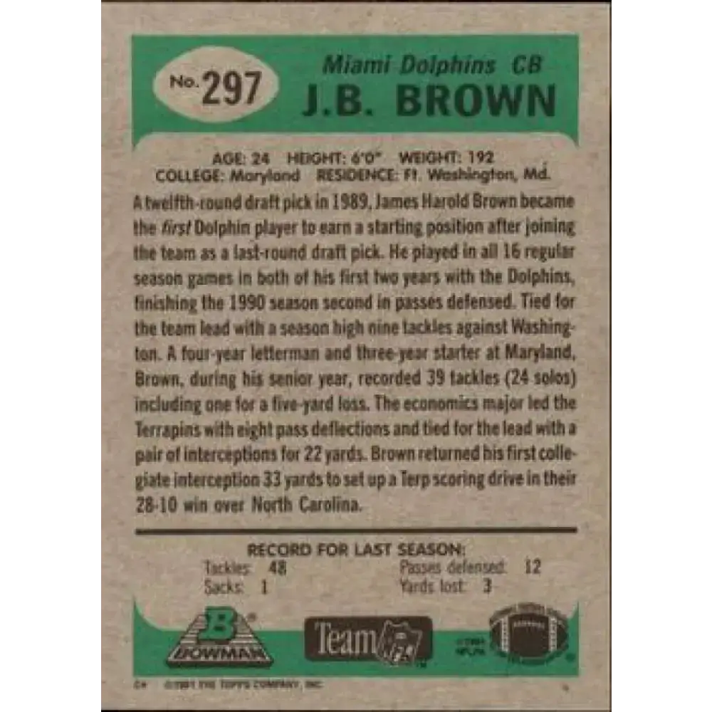 1991 Bowman #297 J.B. Brown NM-MT Miami Dolphins Football Card - Football Card Single