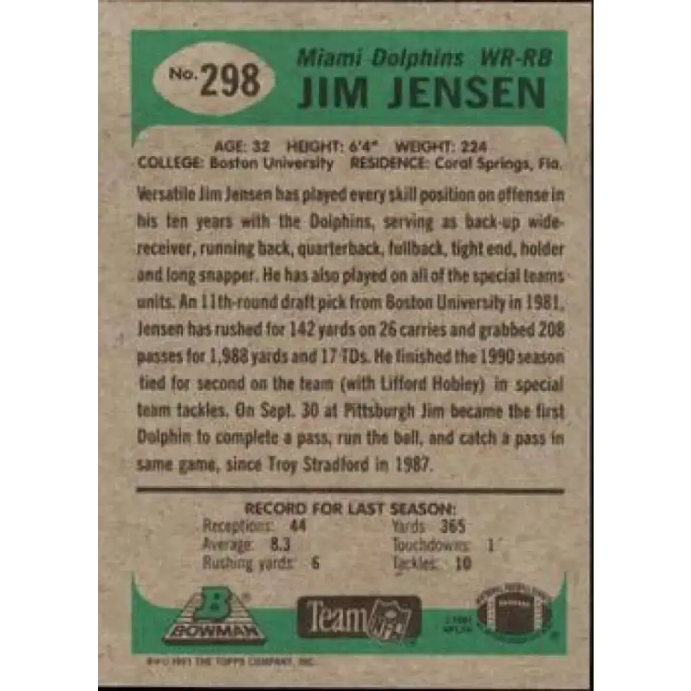 1991 Bowman #298 Jim Jensen NM-MT Miami Dolphins Football Card