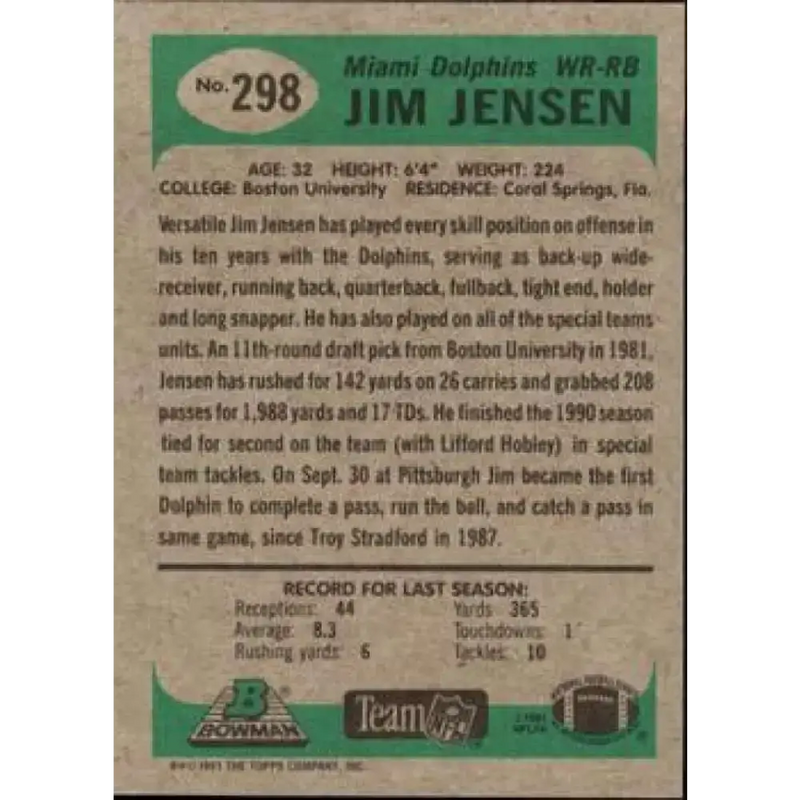 1991 Bowman #298 Jim Jensen NM-MT Miami Dolphins Football Card