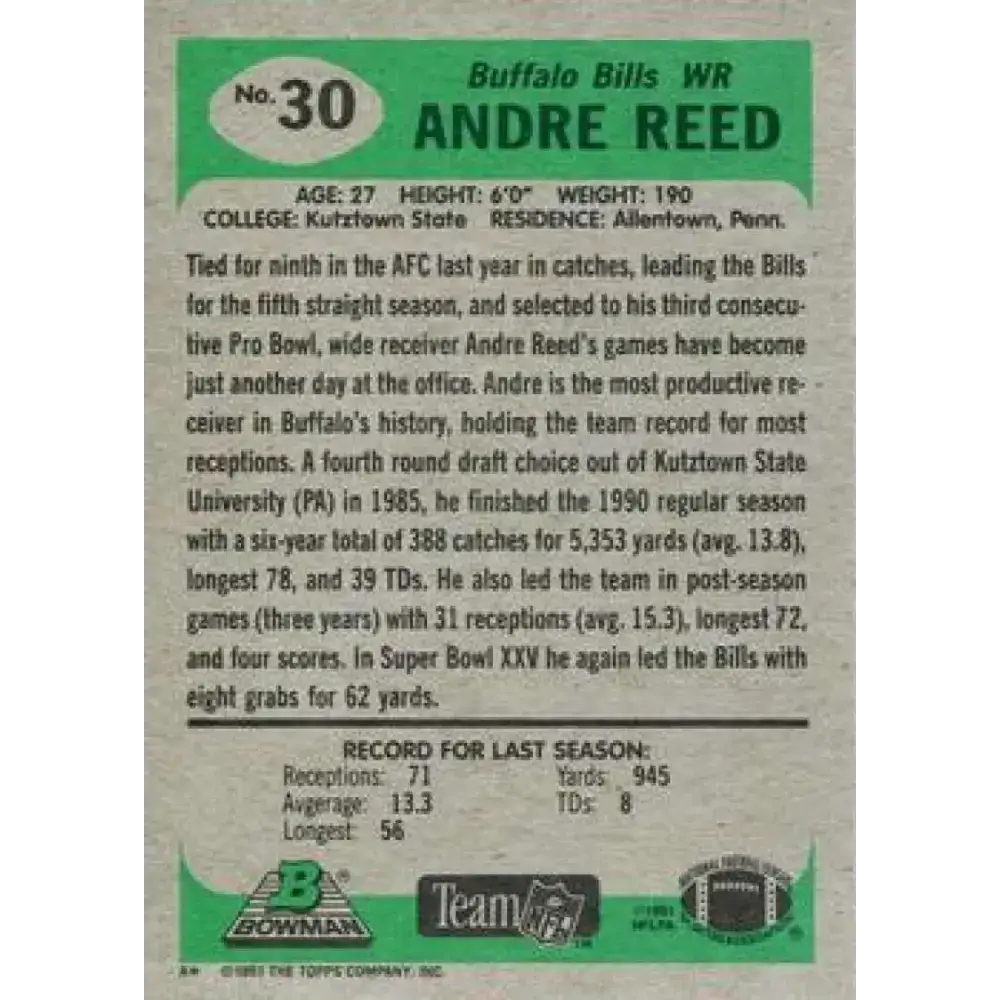 1991 Bowman #30 Andre Reed NM-MT Buffalo Bills Football Card - Football Card Single
