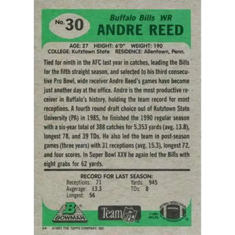 1991 Bowman #30 Andre Reed NM-MT Buffalo Bills Football Card - Football Card Single