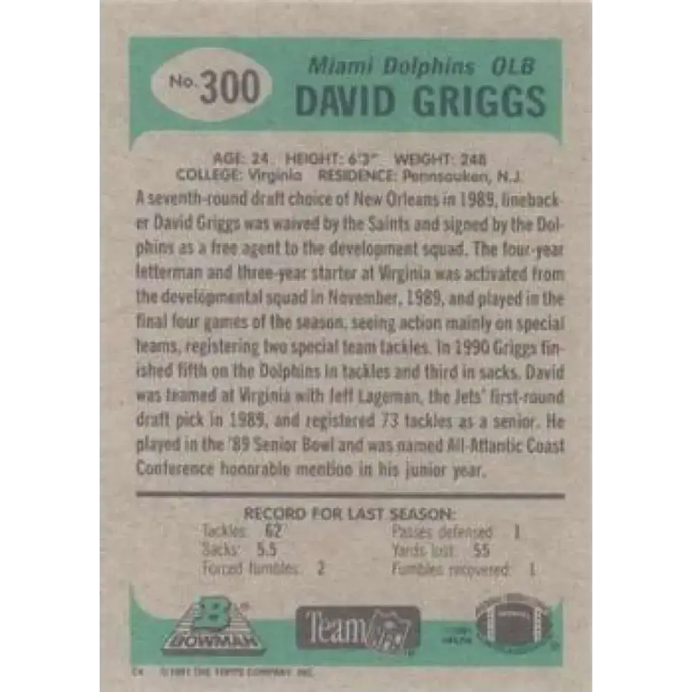 1991 Bowman #300 David Griggs NM-MT Miami Dolphins Football Card - Football Card Single