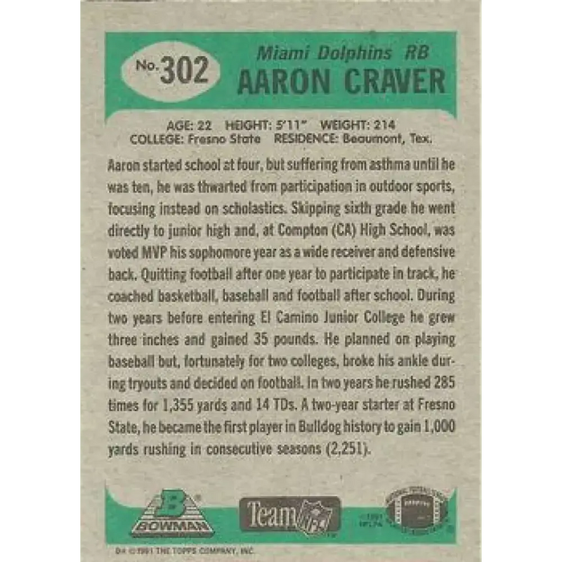 1991 Bowman #302 Aaron Craver NM-MT RC Rookie Miami Dolphins Football Card - Football Card Single