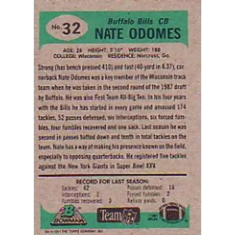 1991 Bowman #32 Nate Odomes NM-MT Buffalo Bills Football Card - Football Card Single