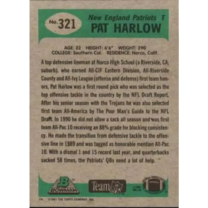 1991 Bowman #321 Pat Harlow NM-MT RC Rookie New England Patriots Football Card - Football Card Single