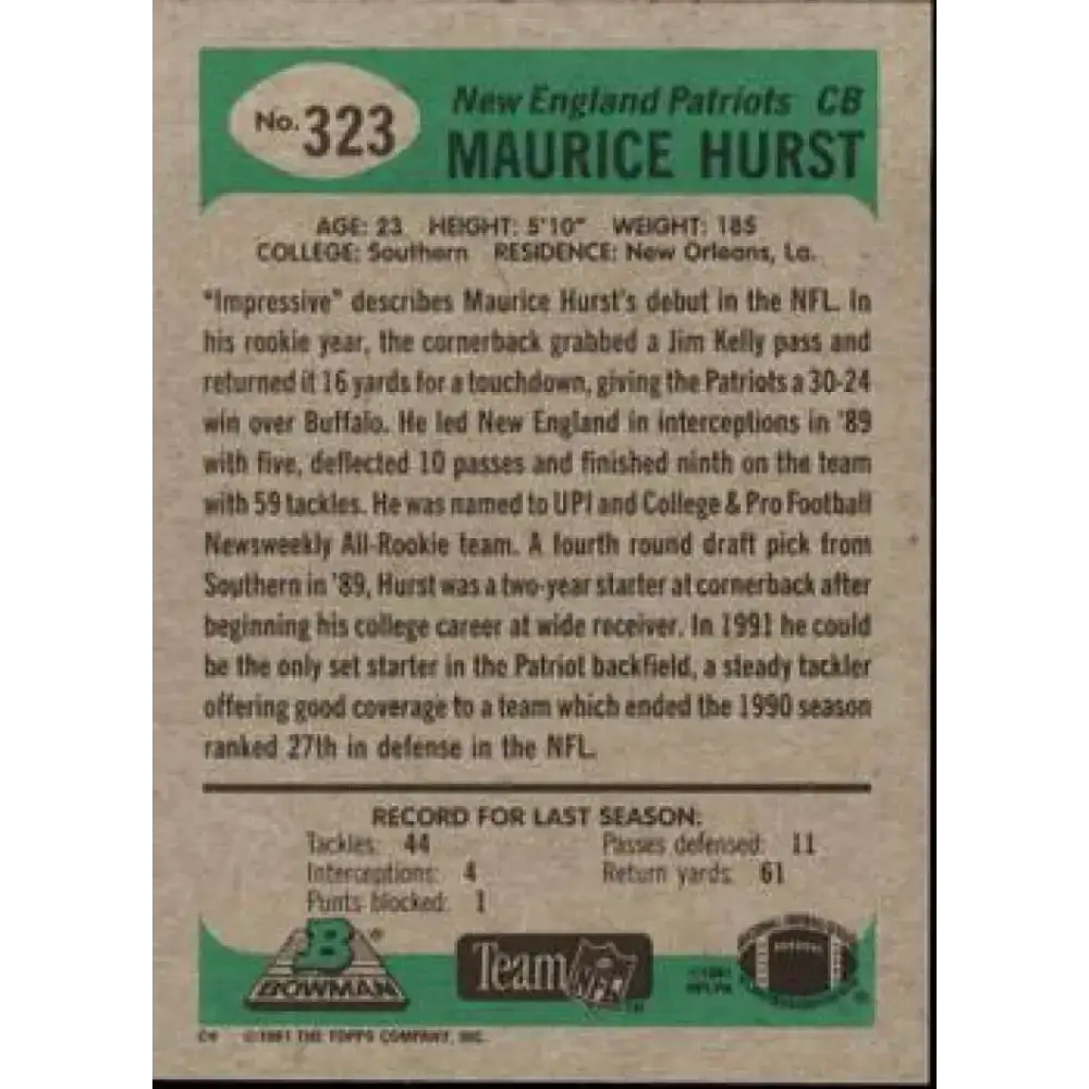 1991 Bowman #323 Maurice Hurst NM-MT New England Patriots Football Card - Football Card Single