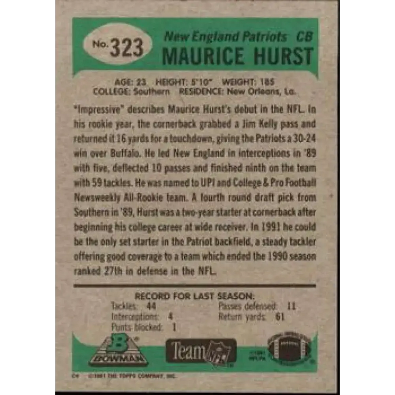 1991 Bowman #323 Maurice Hurst NM-MT New England Patriots Football Card - Football Card Single