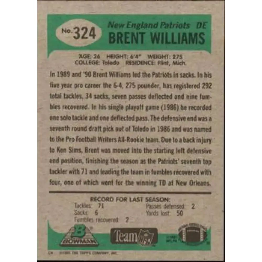 1991 Bowman #324 Brent Williams NM-MT New England Patriots Football Card - Football Card Single
