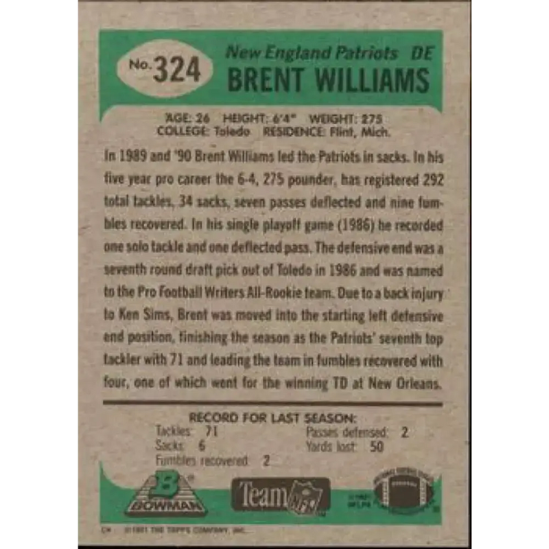 1991 Bowman #324 Brent Williams NM-MT New England Patriots Football Card - Football Card Single