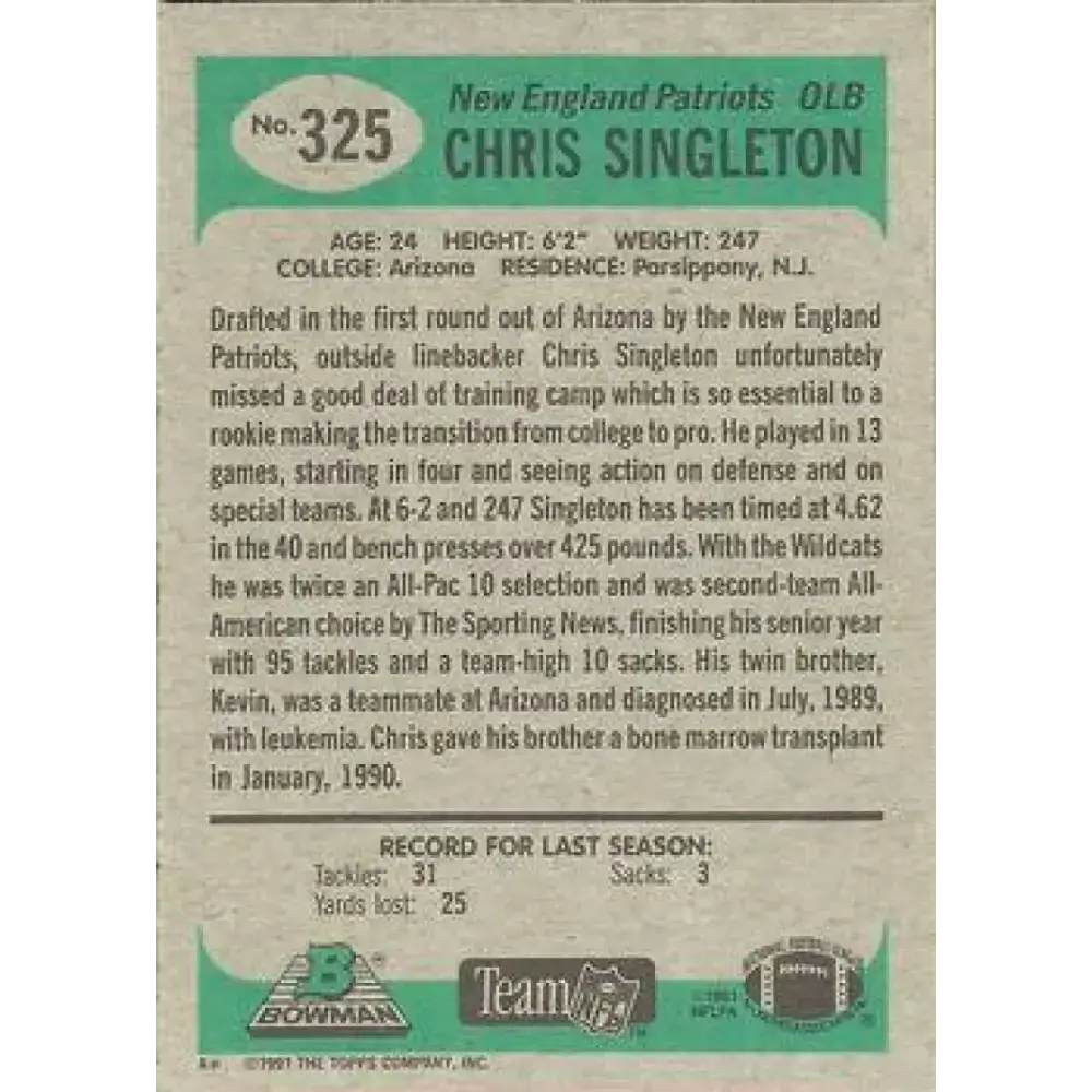 1991 Bowman #325 Chris Singleton NM-MT New England Patriots Football Card - Football Card Single