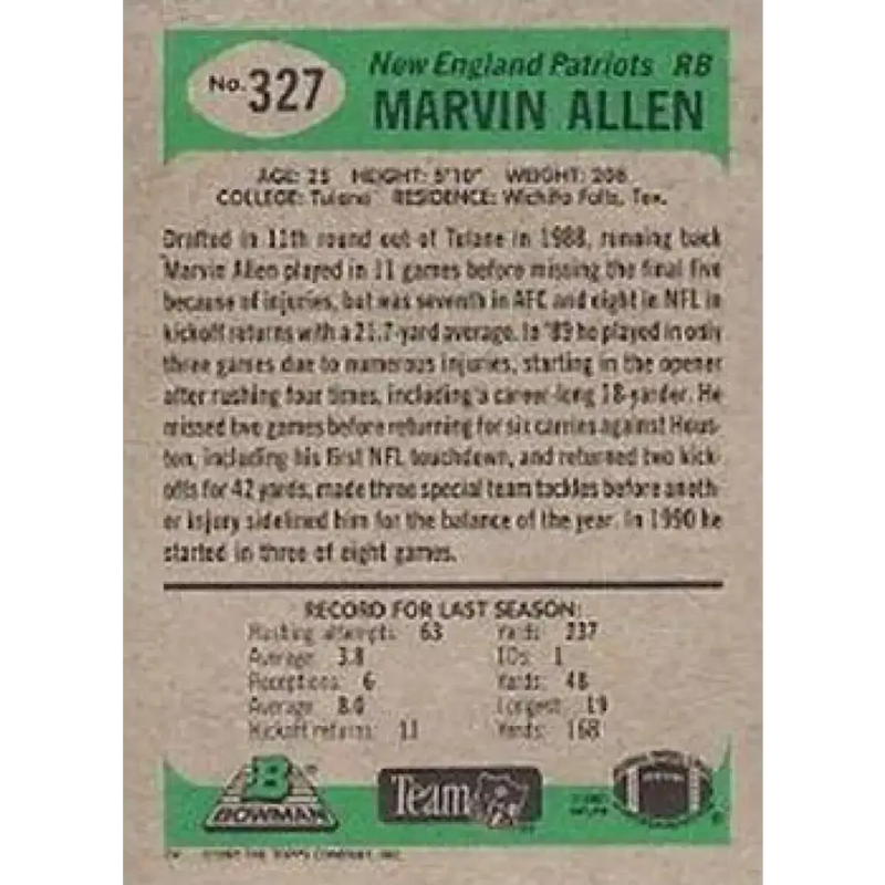 1991 Bowman #327 Marvin Allen NM-MT New England Patriots Football Card - Football Card Single