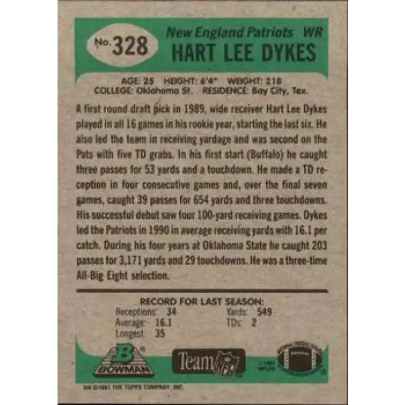 1991 Bowman #328 Hart Lee Dykes NM-MT New England Patriots Football Card - Football Card Single