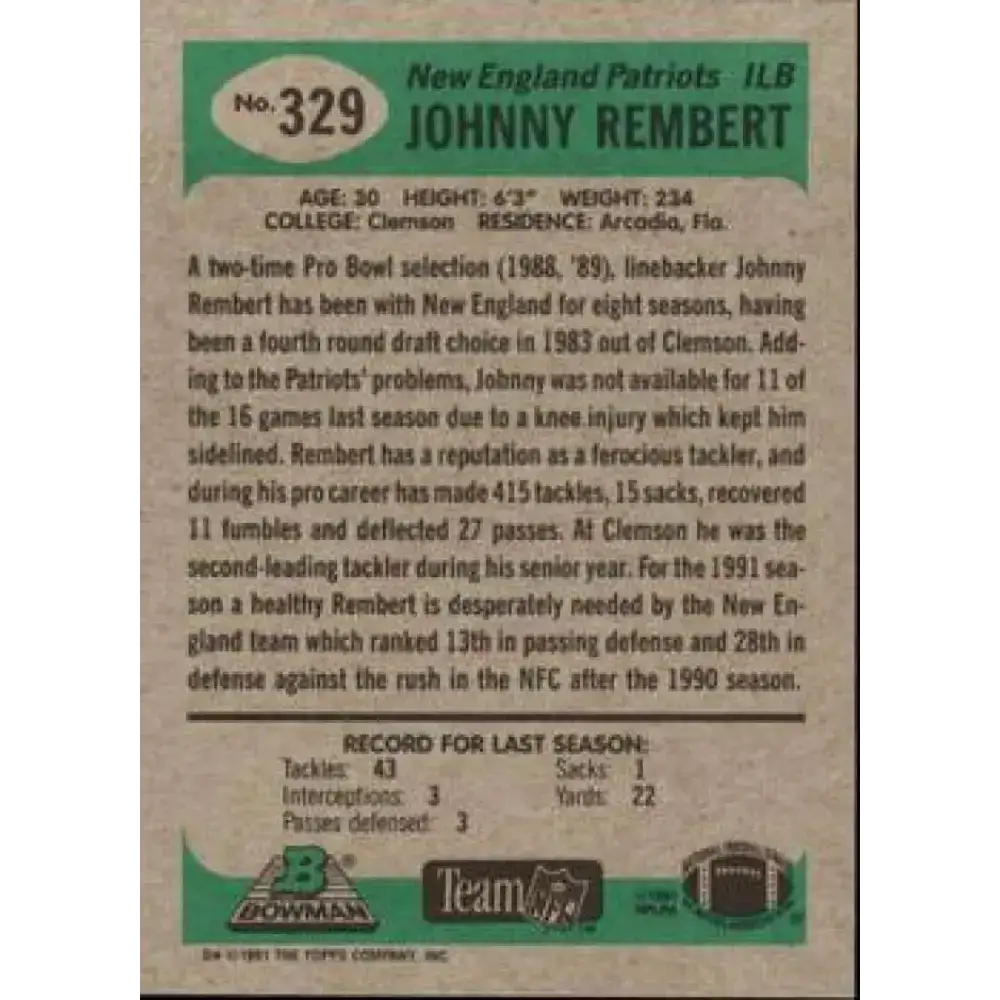 1991 Bowman #329 Johnny Rembert NM-MT Football Card - Football Card Single